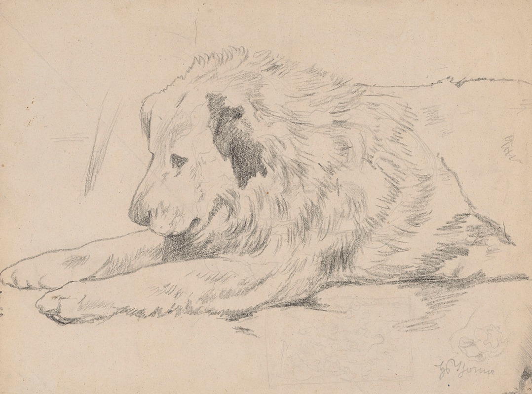 Lying Dog, with a Design of a Multi-Figure Composition Below — Hans Thoma
