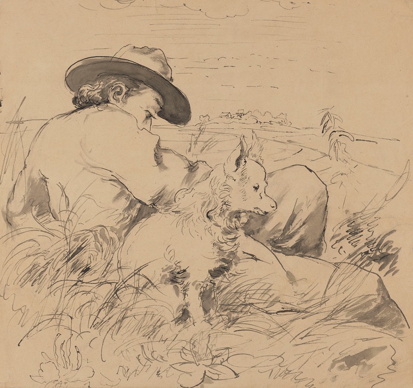 Man Laying in the Grass with a Dog — Hans Thoma