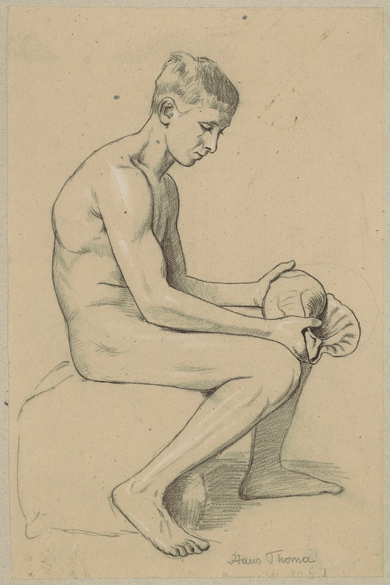 Naked young man with a shell sitting on a stone — Hans Thoma