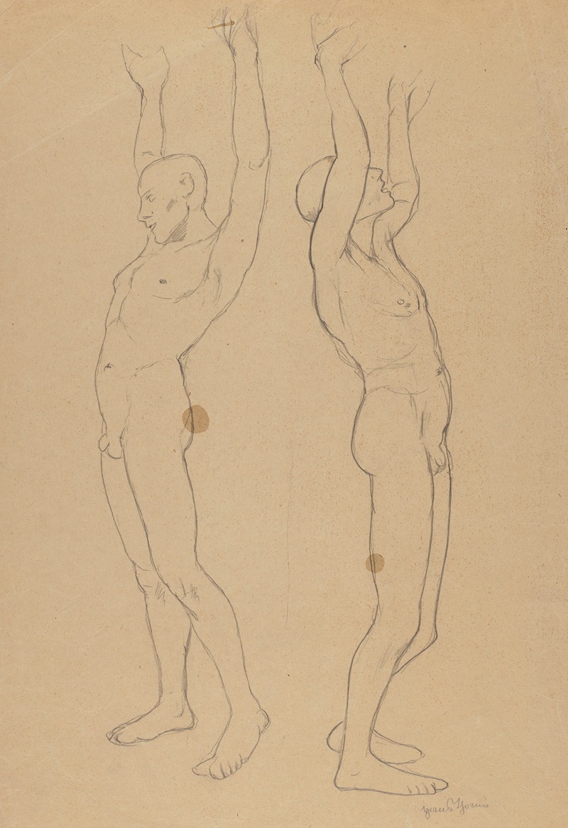 Two Male Nudes with Raised Hands — Hans Thoma