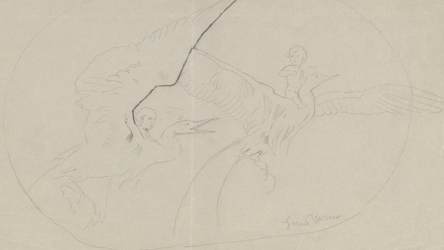 Two Putti on the Backs of Birds — Hans Thoma