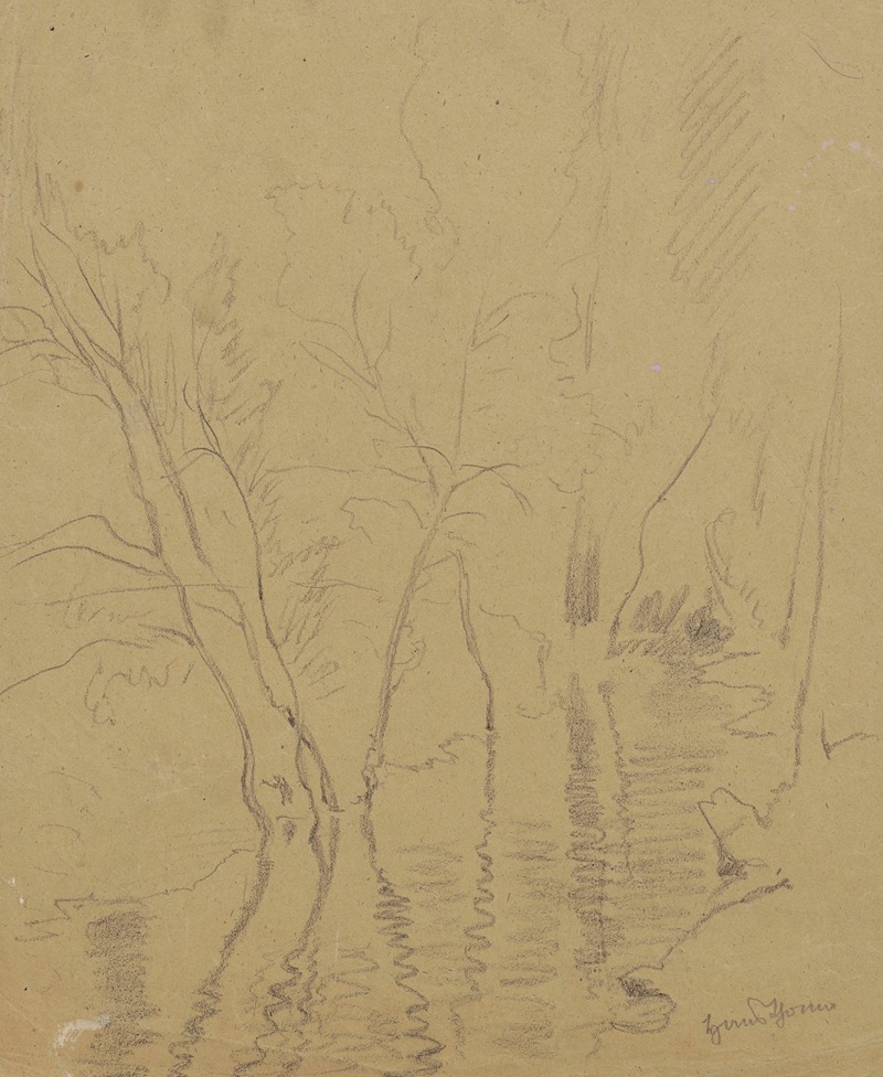Two trees growing by a river and reflected in the water — Hans Thoma