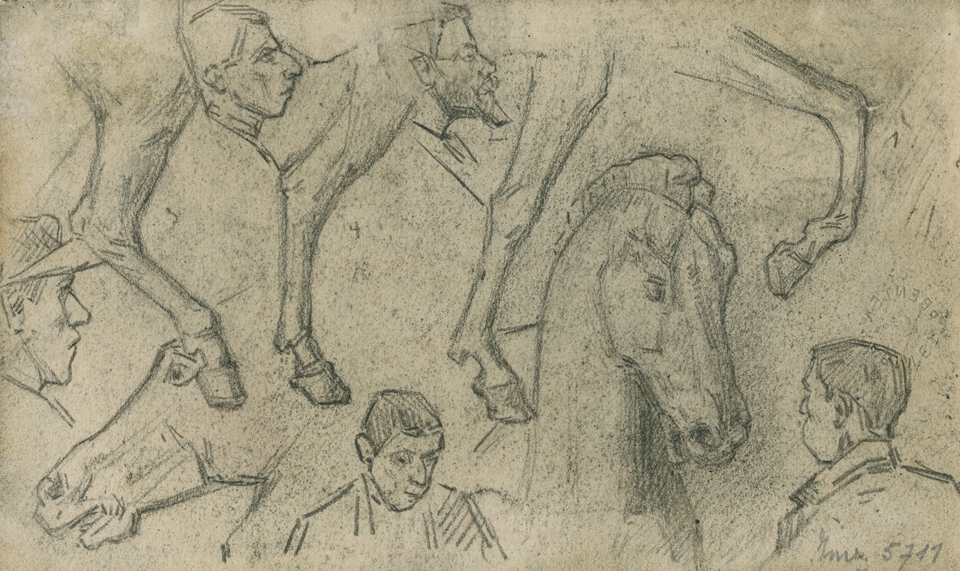 Schetsblad met hoofden en paard by Эжен Ван Мигем — digital art print download