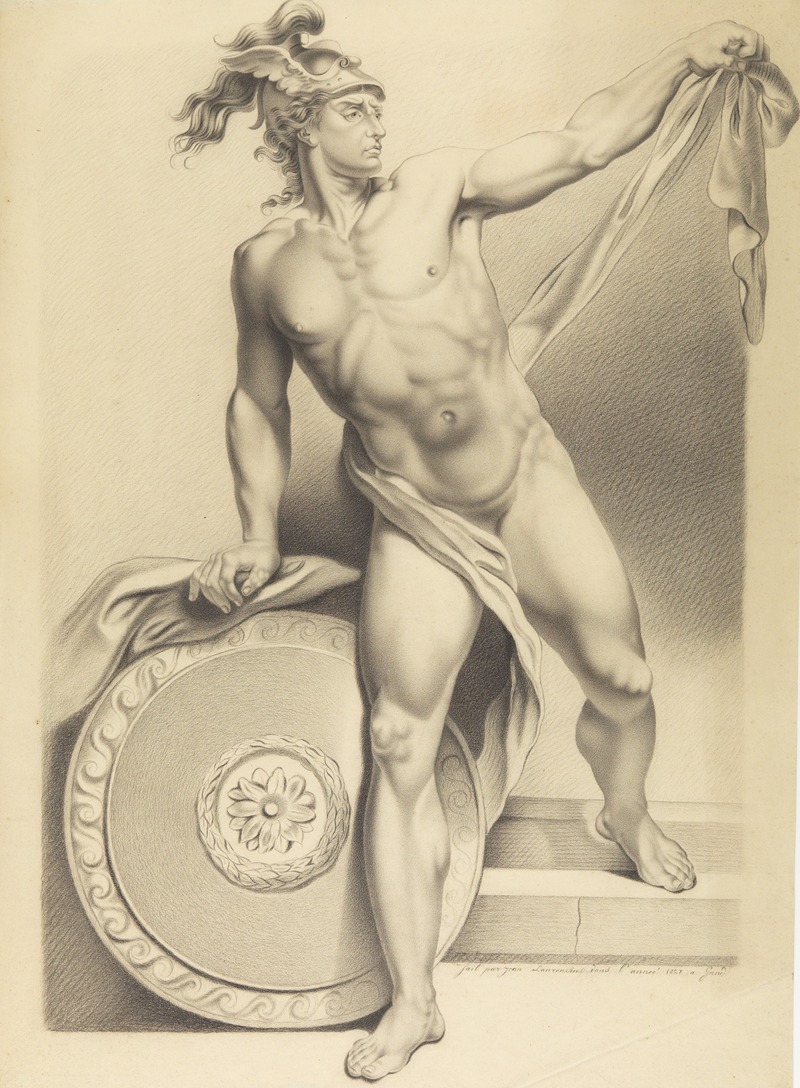 Mythological figure with shield and winged helmet. — Jean Laurensius