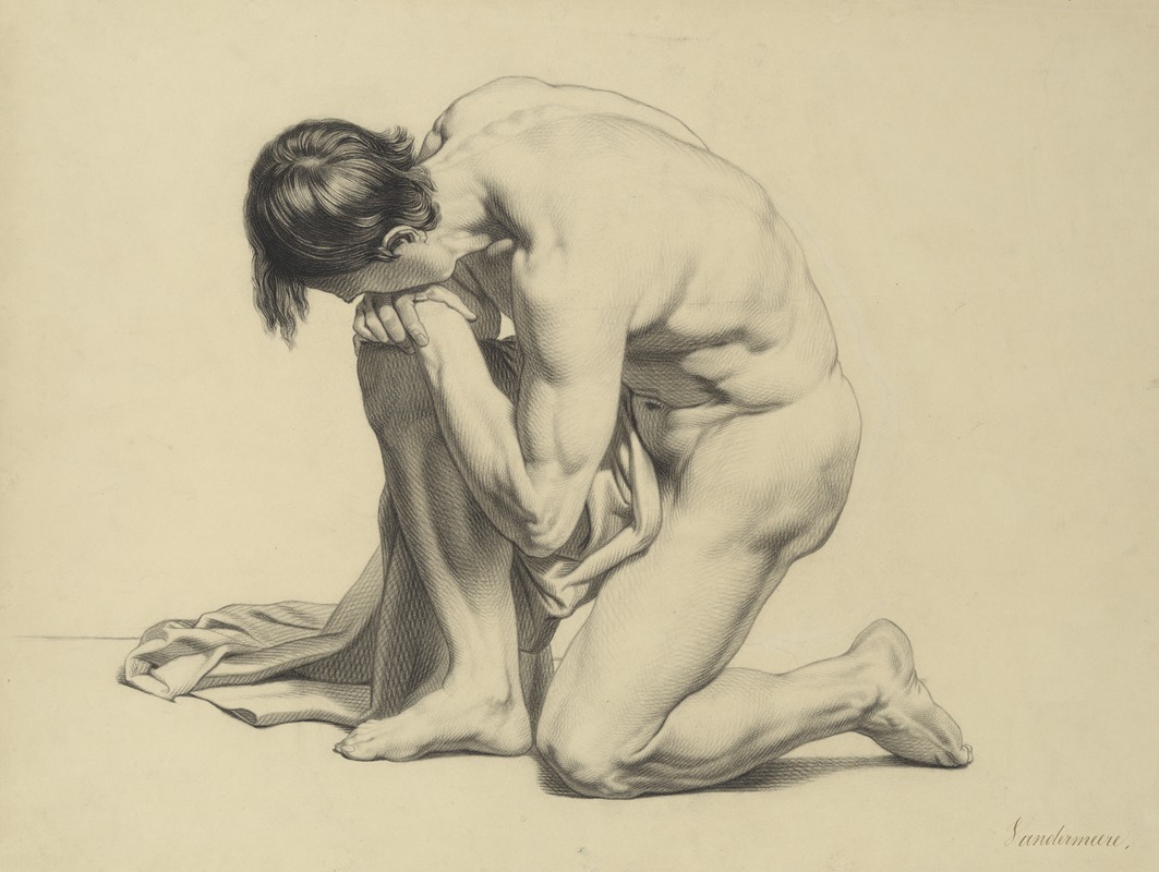Kneeling male nude with cloth — Jean Vandermeire