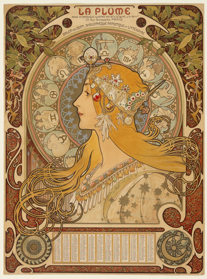 Zodiaque (La Plume) by Альфонс Муха, 1896–1897 — digital art print download
