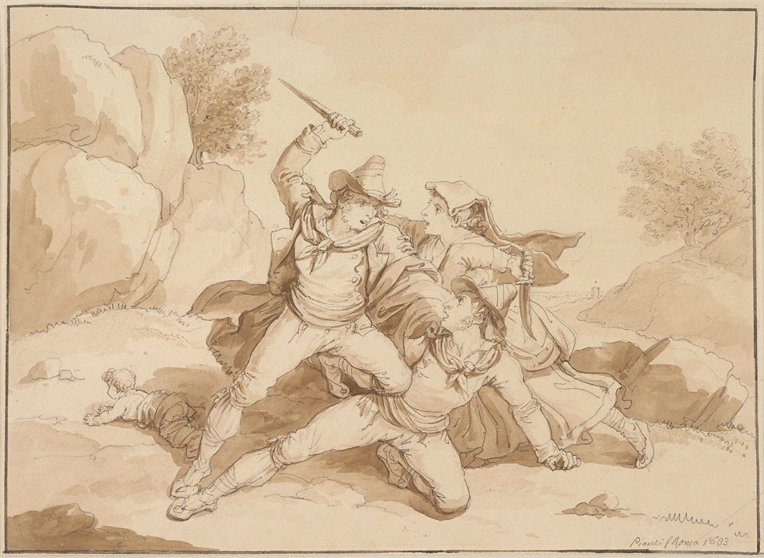 Two Men Fighting, Restrained by a Woman — Bartolomeo Pinelli