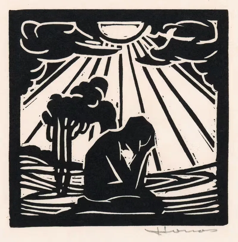 Geknielde figuur in een landschap met bomen — Henri Jonas