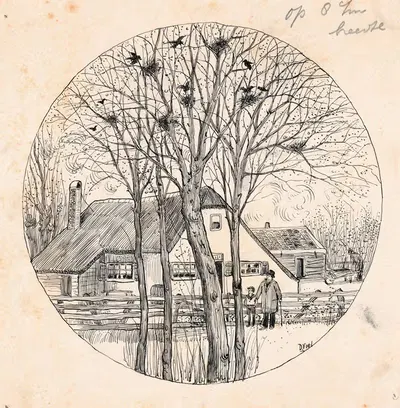 Отец и сын смотрят на воробья Геррита на дереве by Д. Виль, 1924 — digital art print download