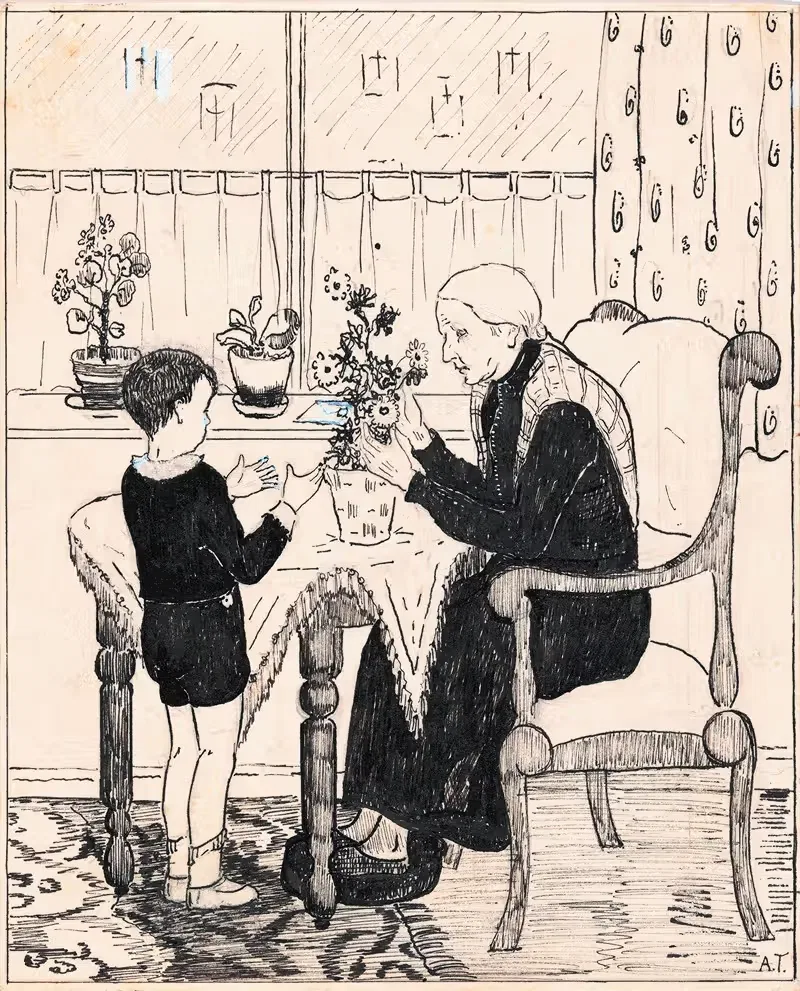 Oude vrouw schikt een boeket — A. Tinbergen