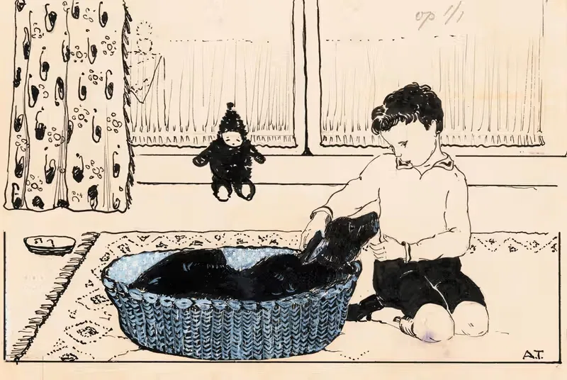 Мальчик гладит собаку by А. Тинберген, 1925 — digital art print download