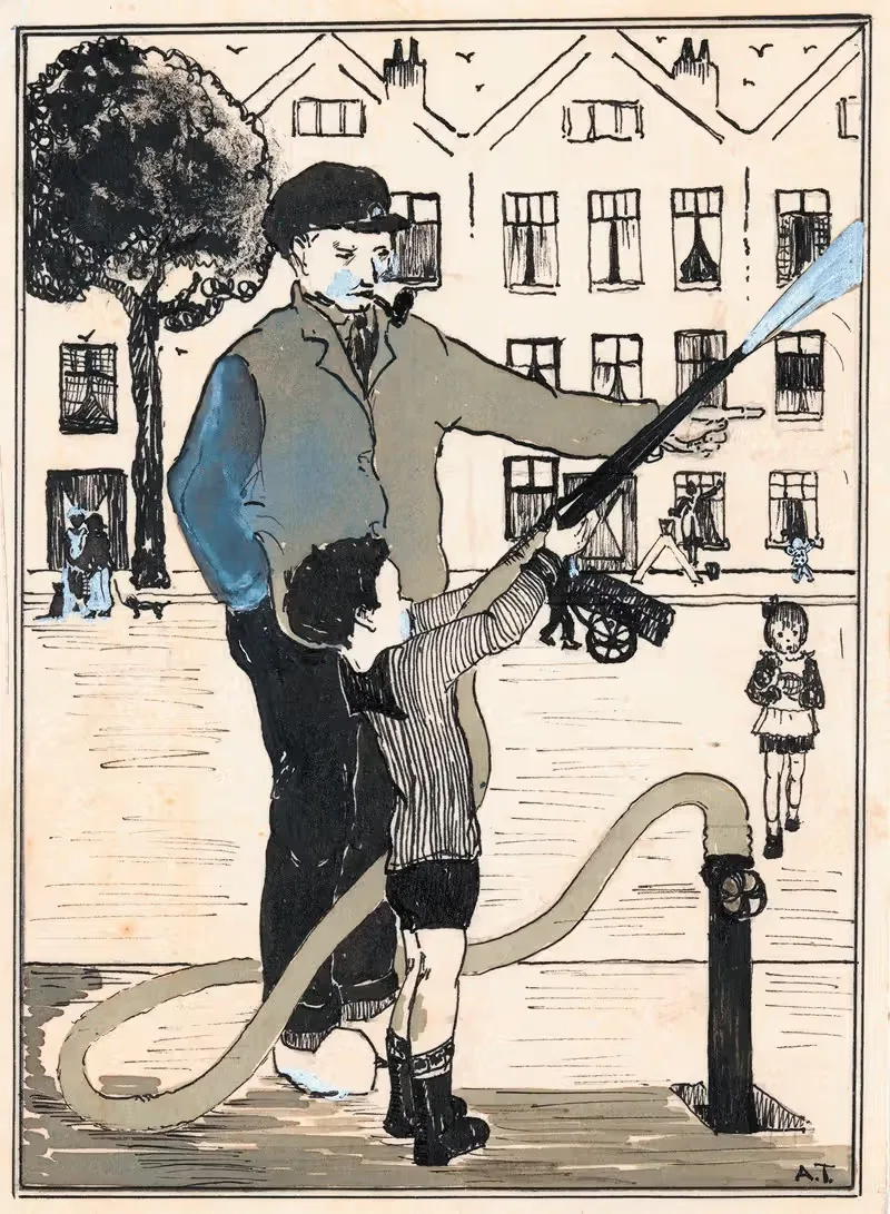 Мальчик с пожарным шлангом на улице by А. Тинберген, 1925 — digital art print download