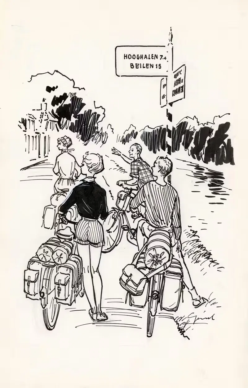 Vier fietsers bij een wegwijzer — Anonymous