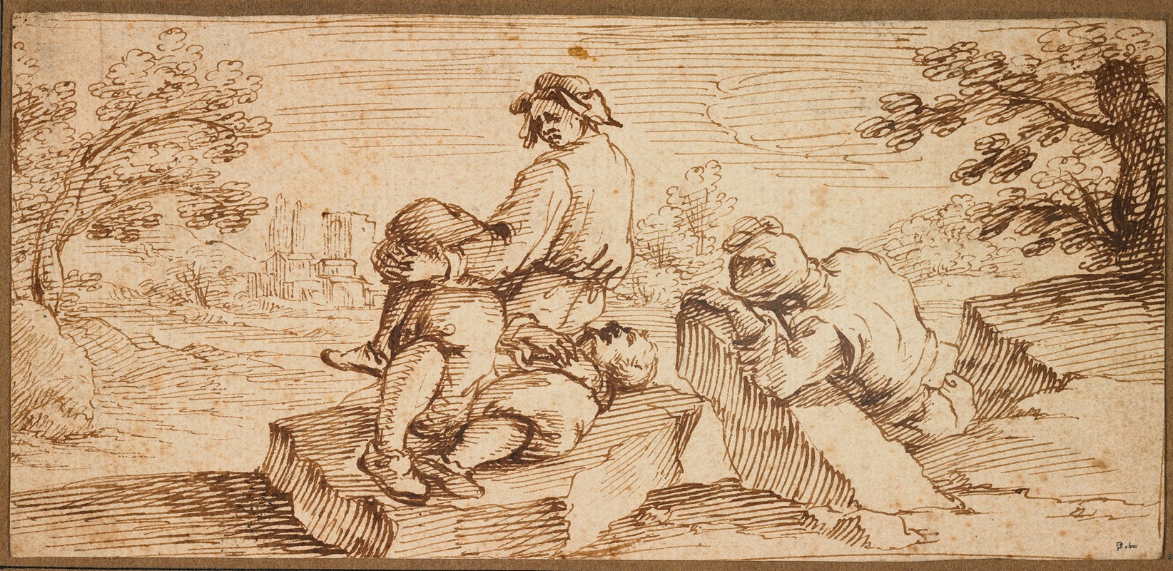 Three Figures Resting in a Landscape by Ercole Bazzicaluva — digital art print download