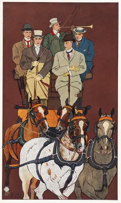 Five men riding in a carriage drawn by four horses by Edward Penfield — digital art print download
