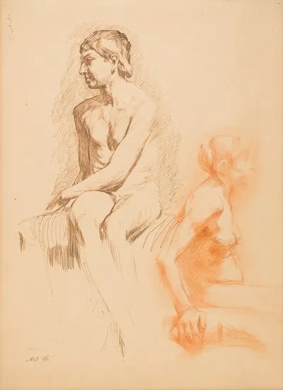 Study of a Female Nude and a Nude Boy, Seated by Гюстав Ванез — digital art print download