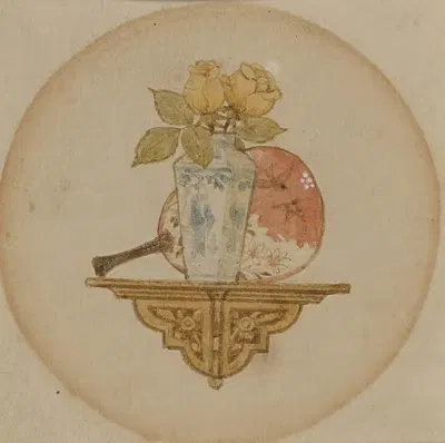 Vignette of fan and vase on a shelf by John George Sowerby — digital art print download
