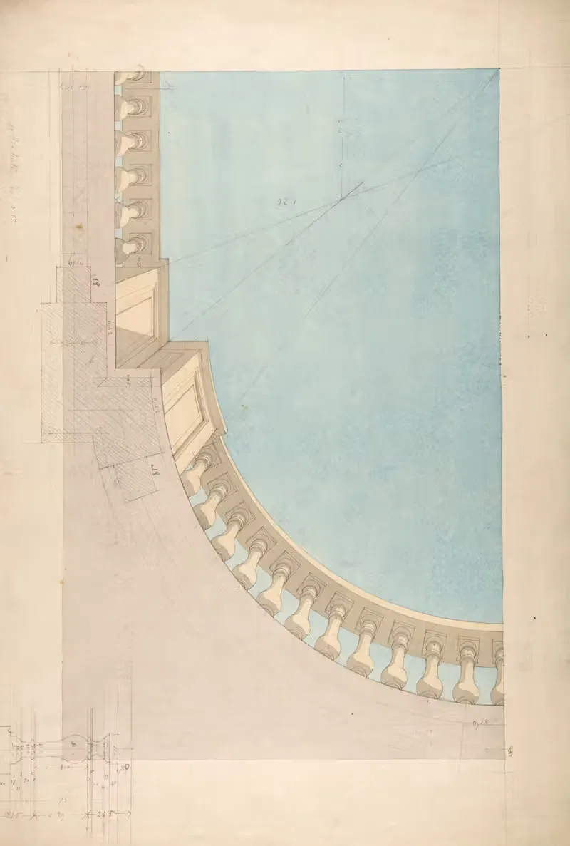 Perspectival study for one quadrant of a ceiling design including a trompe l'oeil balustrade — Jules-Edmond-Charles Lachaise
