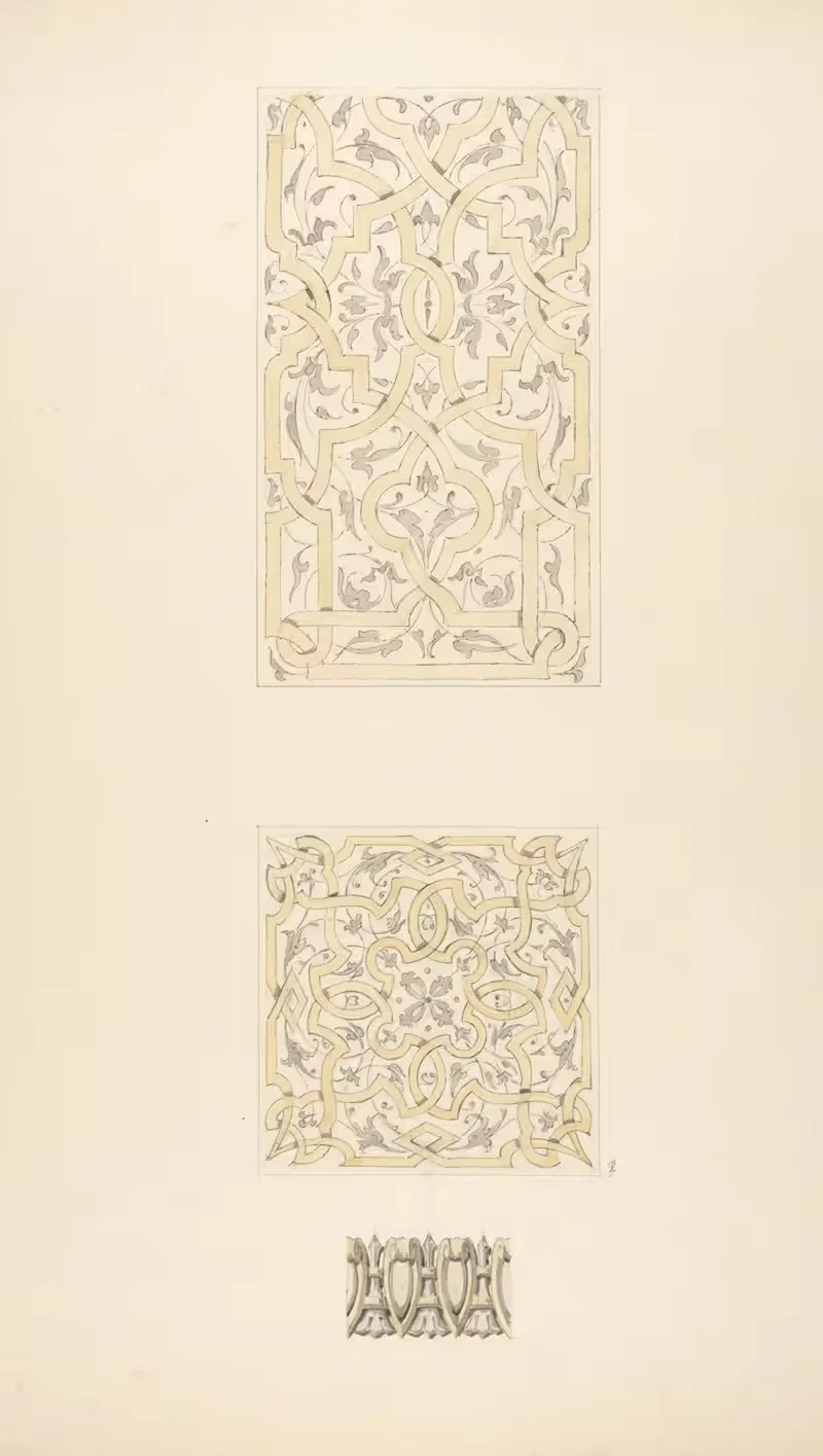 Three designs for decorative motifs in strapwork, rinceaux, and egg-and-dart patterns — Jules-Edmond-Charles Lachaise