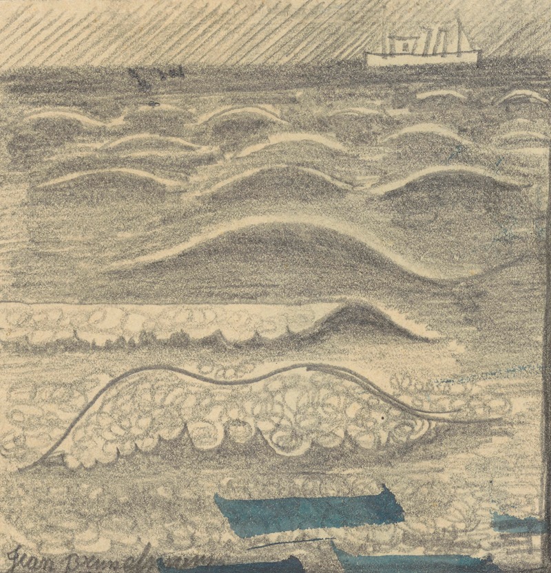 Coastline; wave and boat by Жан Бруссельманс, 1936 — digital art print download