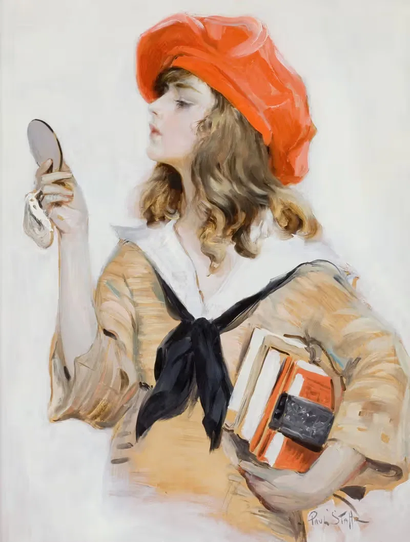 Girl in Red Beret Looking into Compact Mirror — Paul Stahr