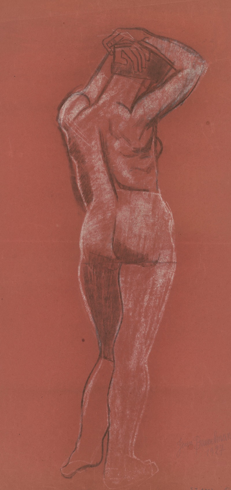 Nude woman, back view, hands on head — Jean Brusselmans