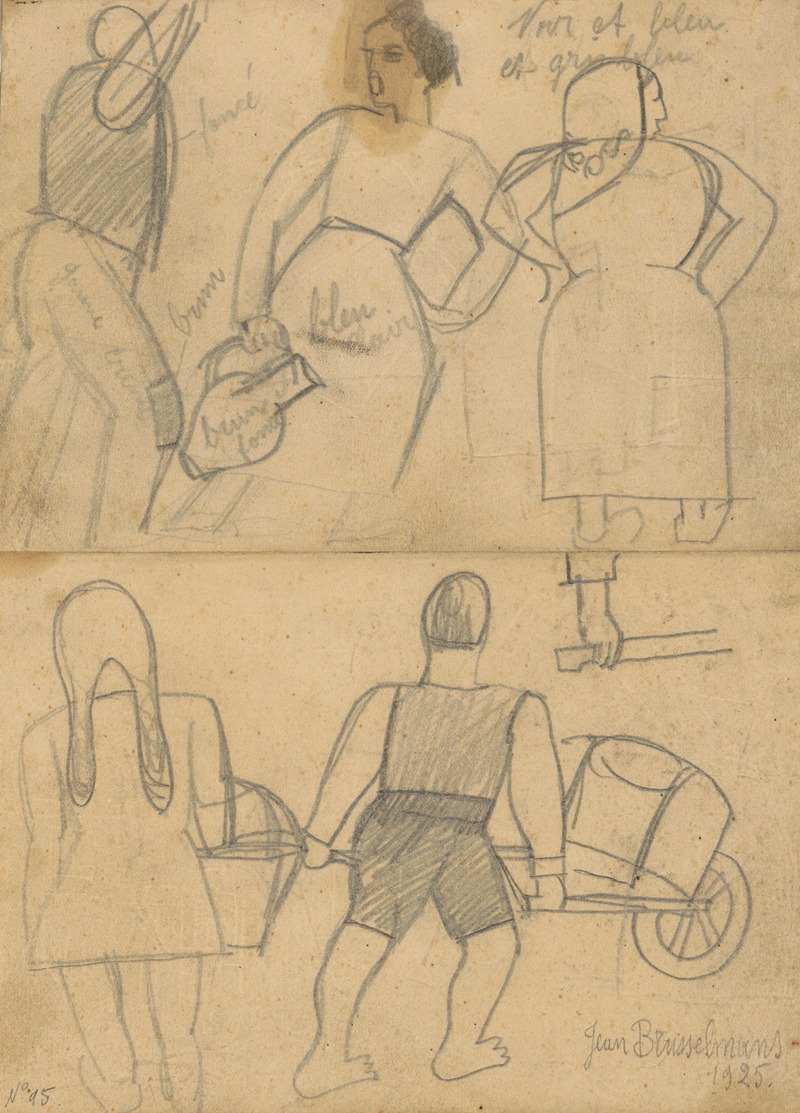 People, one pushing a wheelbarrow by Жан Бруссельманс, 1925 — digital art print download