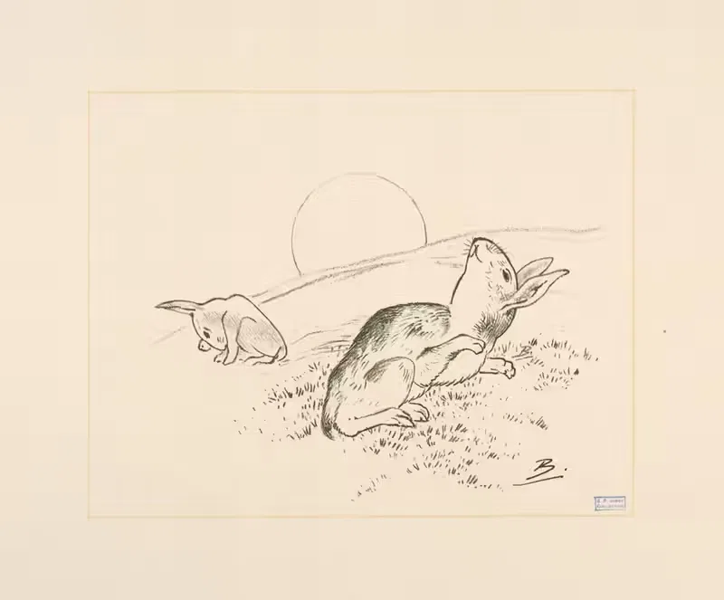 Deux lapins, la lune derrière colline. — Félix Bracquemond