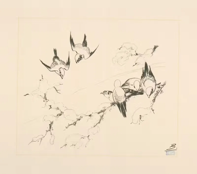 Oiseaux sur une branche d'arbre couverte de neige. — Félix Bracquemond