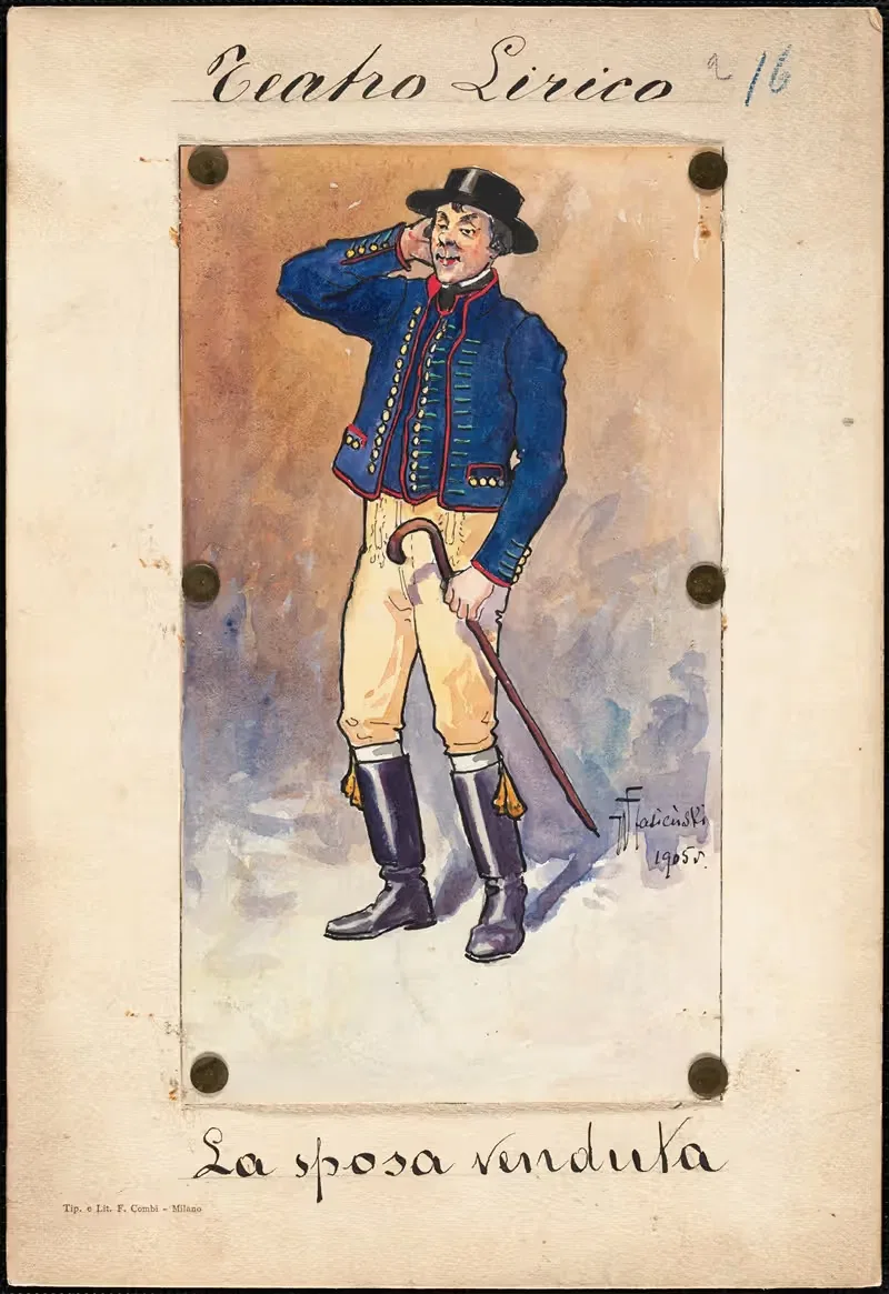 A man stands in three-quarter profile holding a cane — W. Fasienski