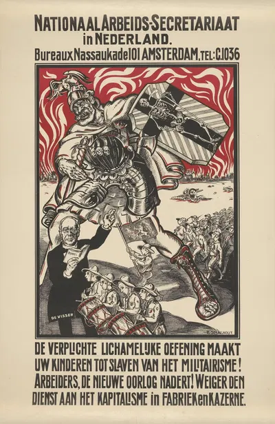 Affiche tegen militarisme uitgegeven door het Nationale Arbeiders Secretariaat in Nederland by Элиас Смалхаут, 1918 - 1925…