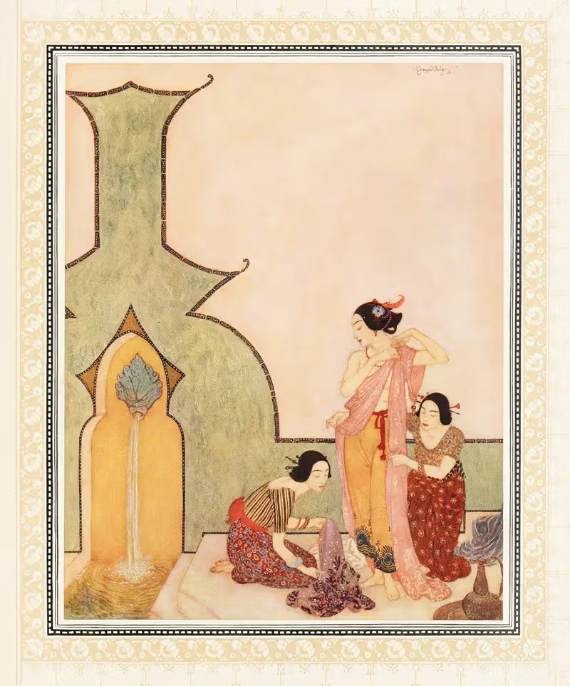 The Lady Bedr-el-Budur at her bath — Edmund Dulac