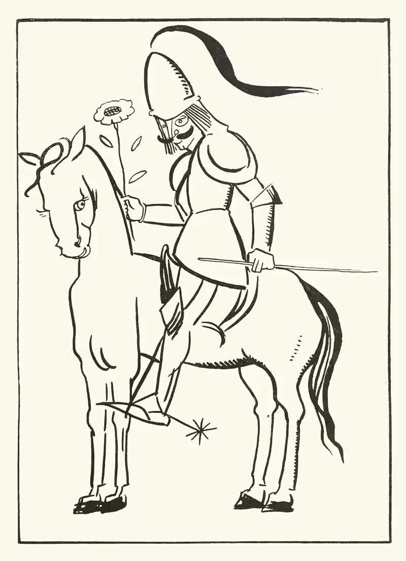 A cavalier mounted on a large steed by Jean de Bosschère, 1920 — digital art print download
