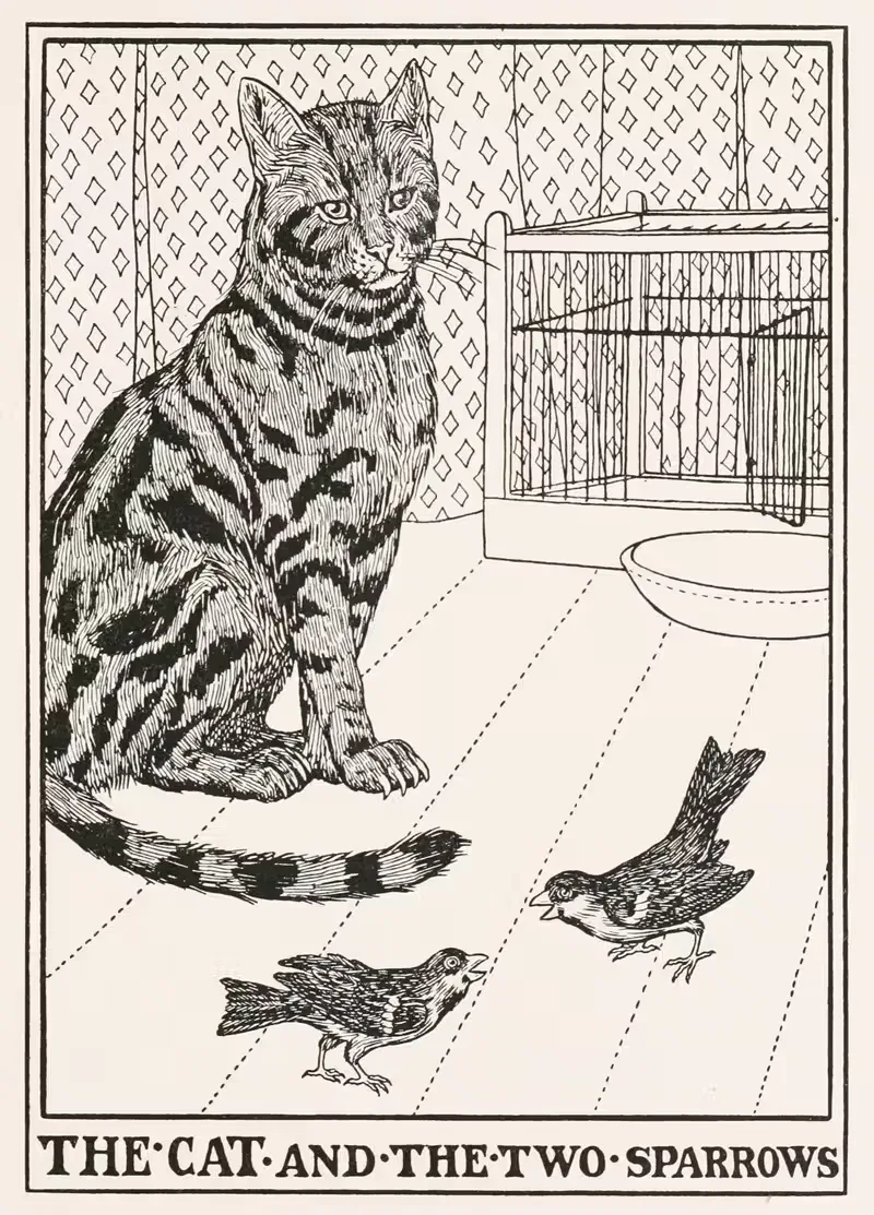 The Cat and the Two Sparrows by Percy J. Billinghurst, 1900 — digital art print download