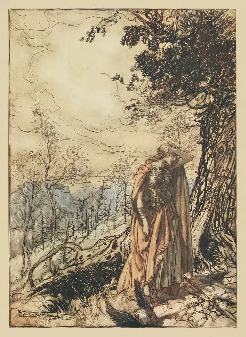 Brunnhilde stands for a long time dazed and alarmed — Arthur Rackham