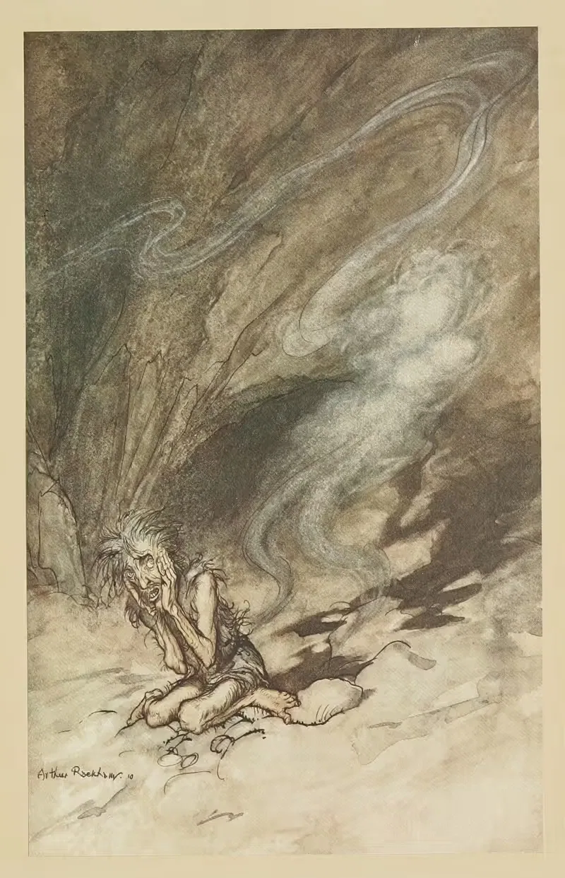 Mime writhes under the lashes he receives — Arthur Rackham