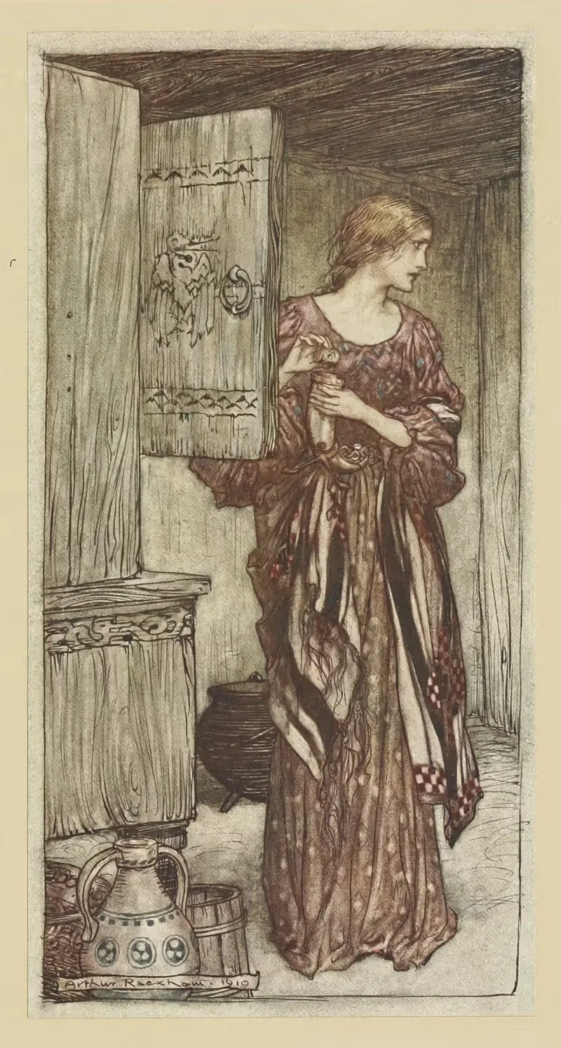 Зиглинд готовит напиток Хундинга на ночь by Артур Рэкхэм, 1910 — digital art print download