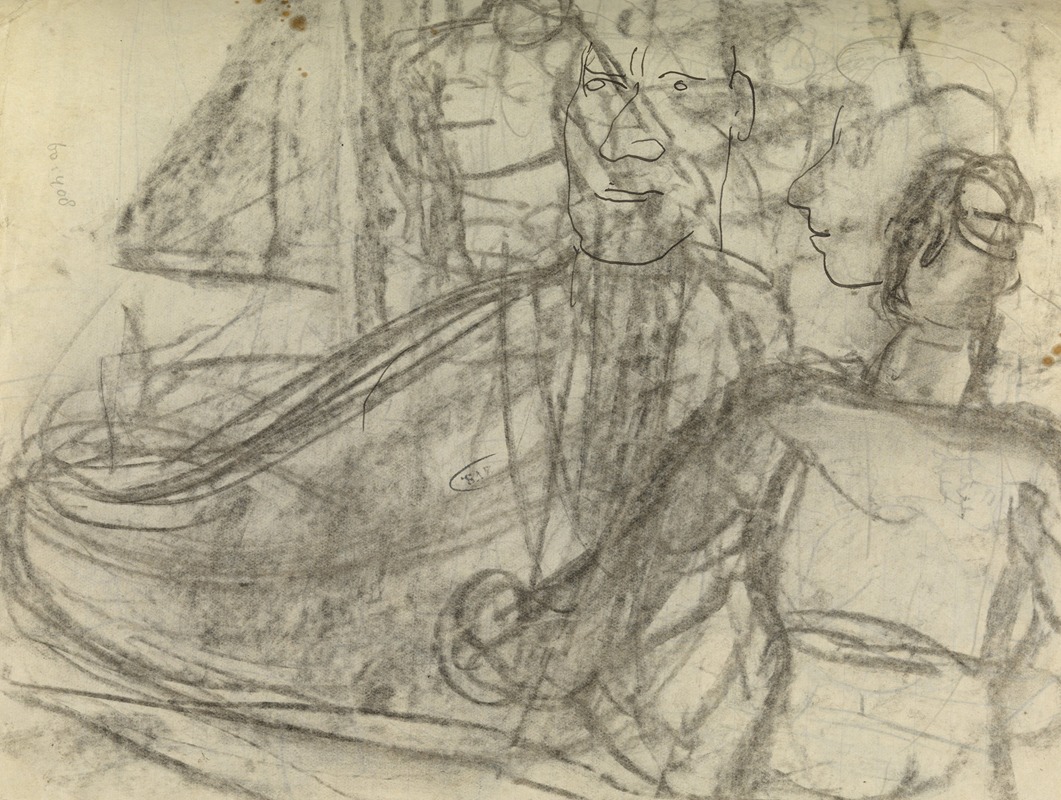 Schetsblad met boot en enkele figuurstudies by Лео Гестел — digital art print download