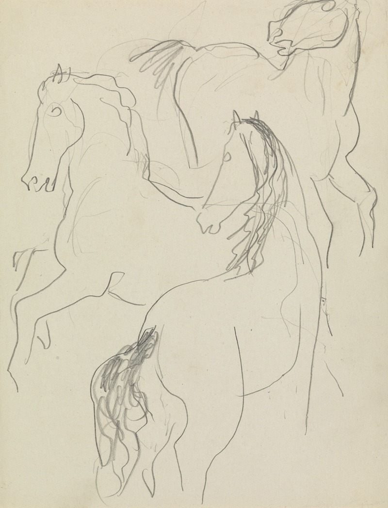Schetsblad met drie studies van paarden by Лео Гестел — digital art print download
