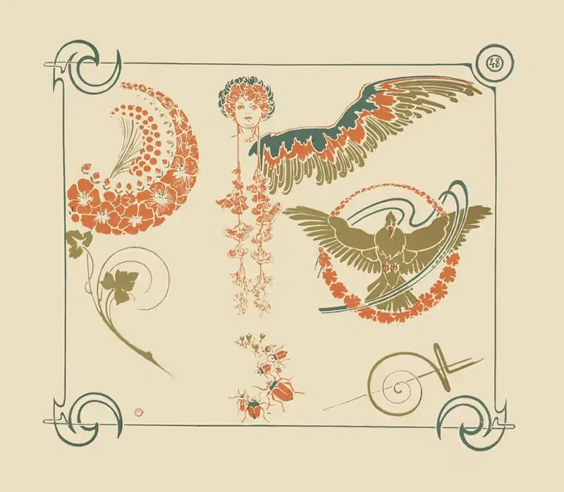 Abstract design based on flowers, angels, birds, beetles. — Alphonse Mucha