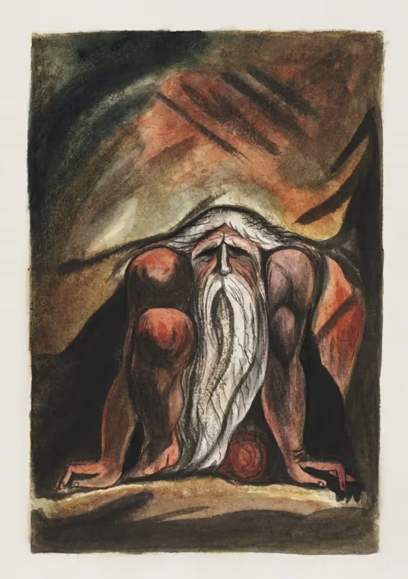 Illustration of a bearded man, crouching — William Blake