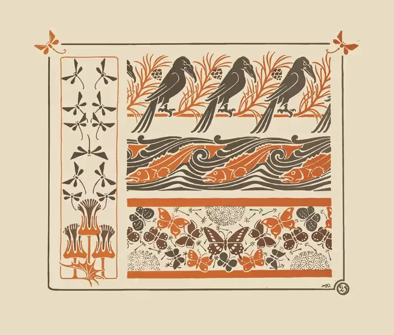 Abstract design based on birds, fish, butterflies, dragonflies — Maurice Pillard Verneuil
