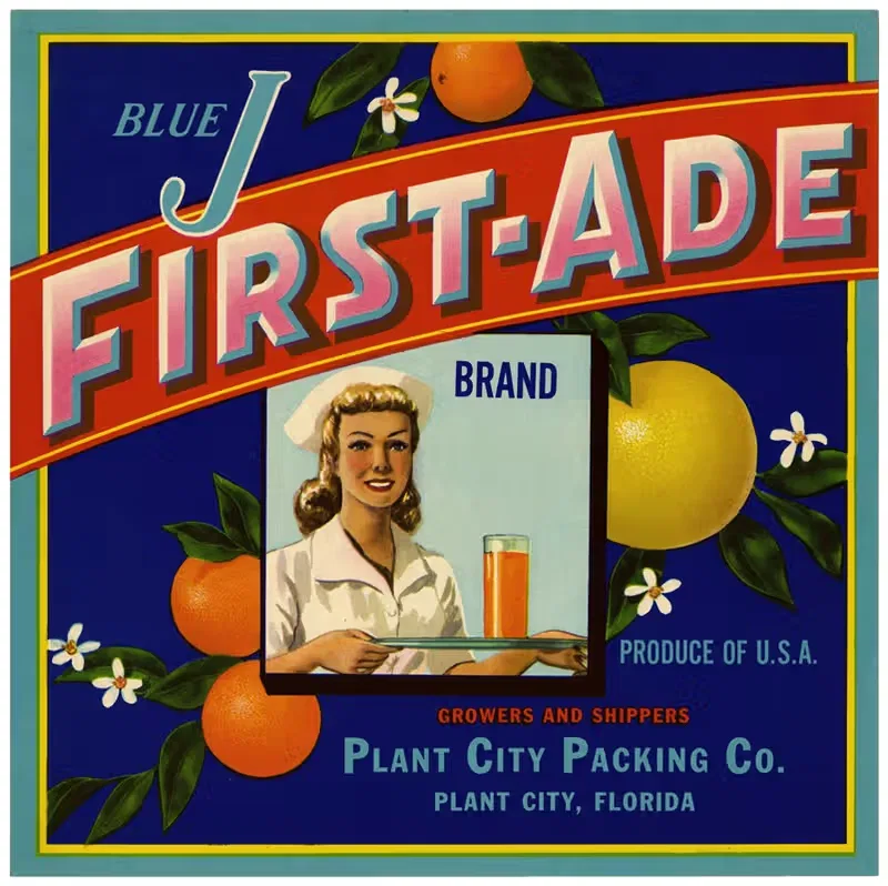 Этикетка цитрусовых Blue J First-Ade Brand by Аноним, 1930-1950 — digital art print download