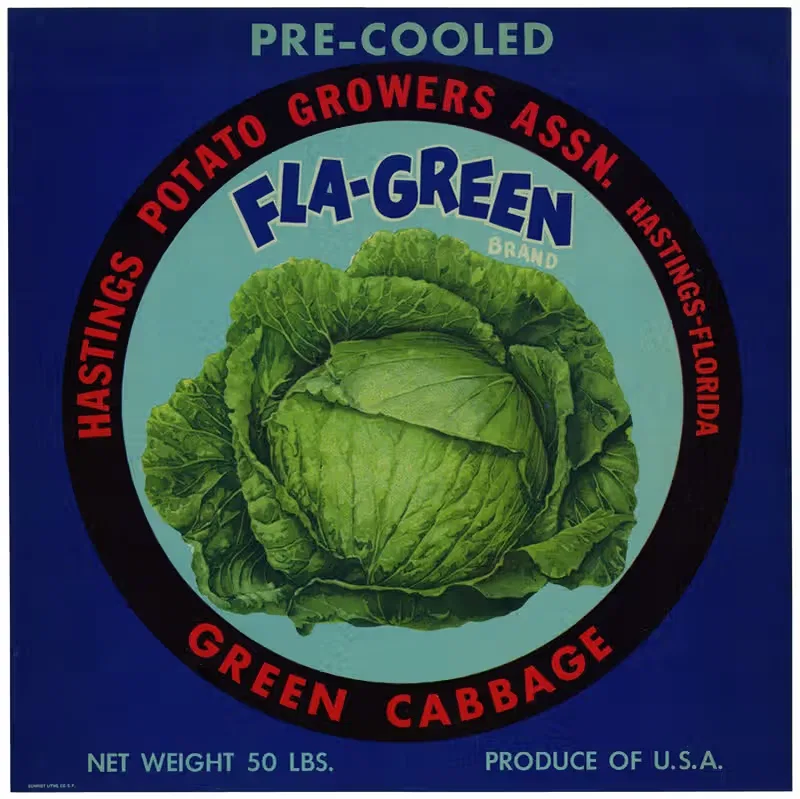 Этикетка зеленой капусты Fla-Green Brand by Аноним, 1930-1950 — digital art print download