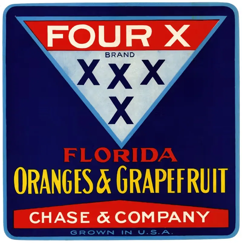 Этикетка для апельсинов и грейпфрутов Four X Brand из Флориды — Аноним
