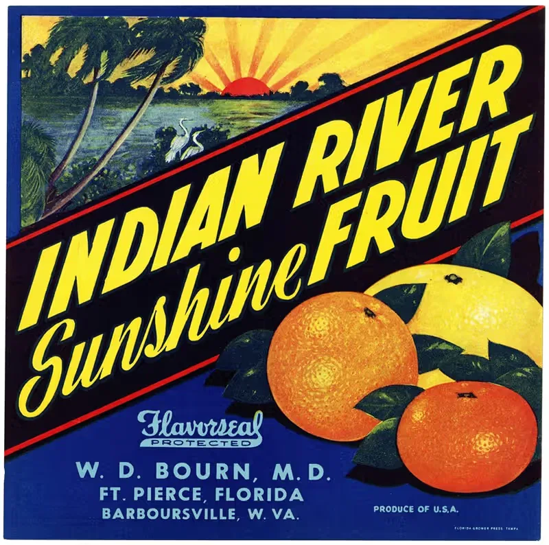 Этикетка цитрусовых Indian River Sunshine Fruit by Аноним — digital art print download