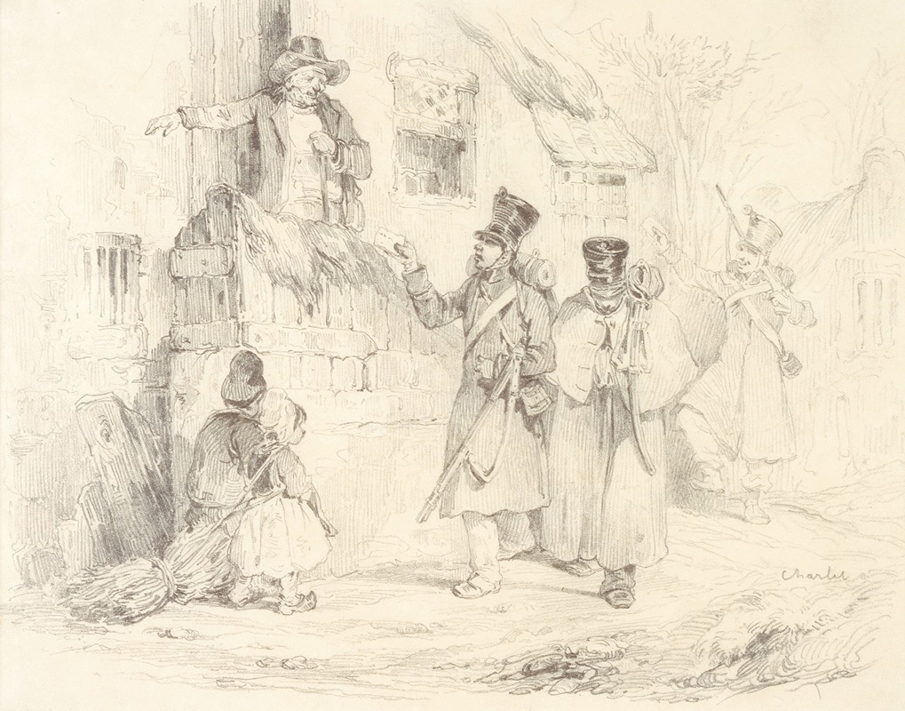 Three Soldiers Arriving at their Quarters — Nicolas Toussaint Charlet