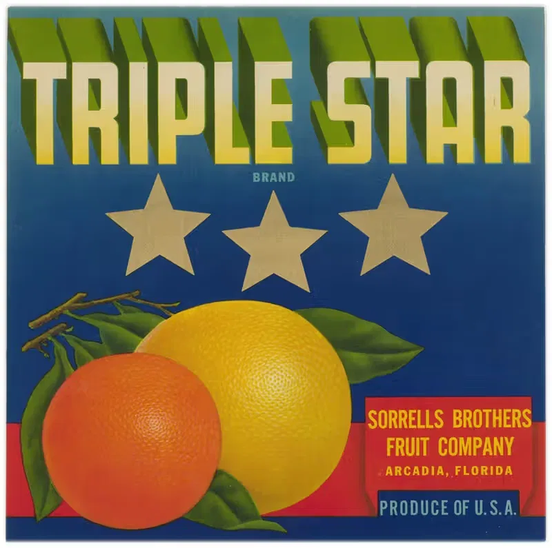 Этикетка цитрусовых Triple Star Brand by Аноним, 1930-1950 — digital art print download