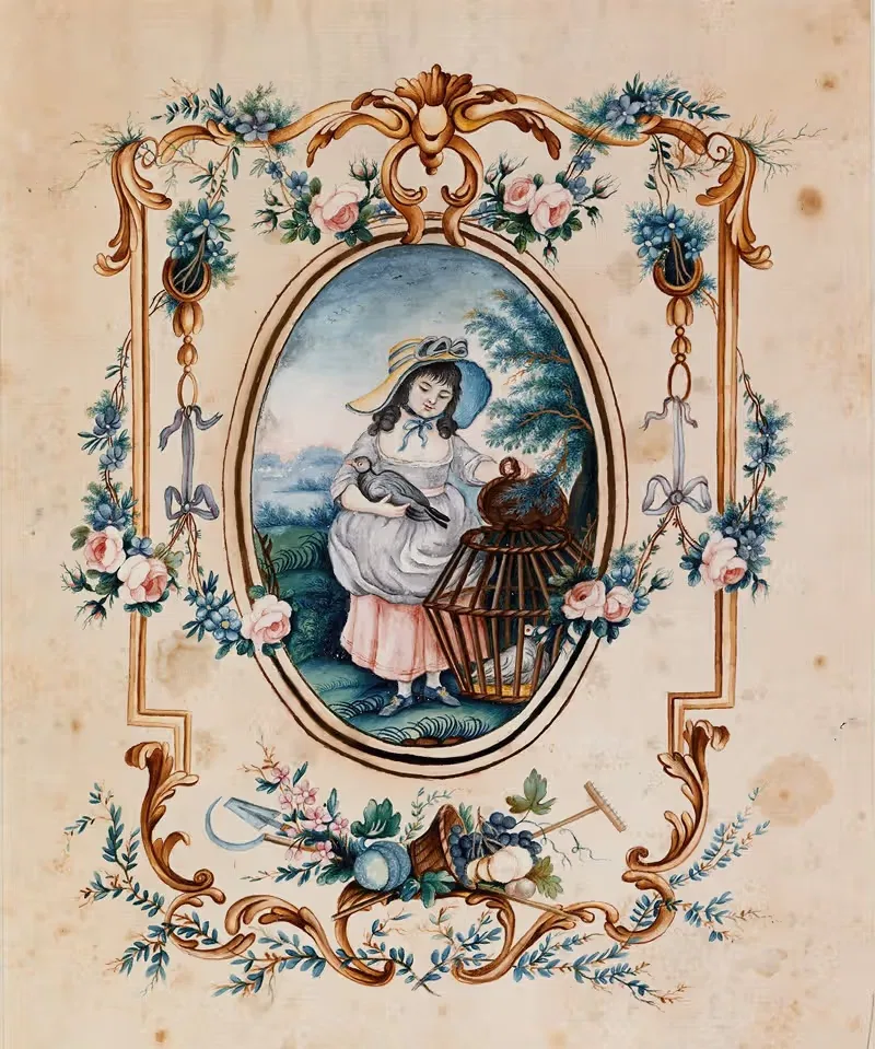 Girl with Birds in Wicker Cage — Jean-Baptiste Huet