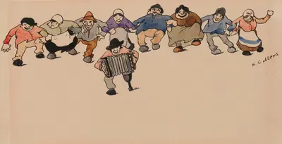 Harmonica Player and a Row of Dancing Figures by Karel Collens — digital art print download
